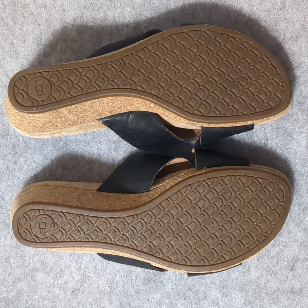 UGG Lyra Cross Cork Wedge Black Leather Sandals Size 8 - Picture 8 of 11